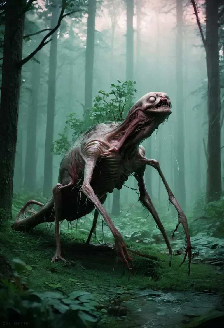 Hunched humanoid with mutated, bark-like skin and fungal growths in a rain-soaked, dark forest. It has a blank face and bulbous eyes.