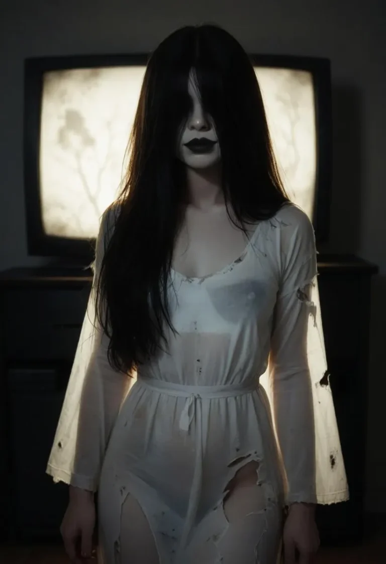 A girl with long black hair in a white torn dress stands in front of a television. She has pale skin and black lips, with an expressionless look.