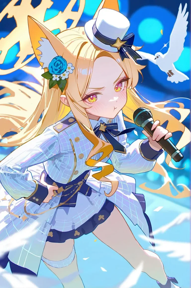 Blonde idol with animal ears holding a microphone, wearing a light black alternate costume with flowers and headband.