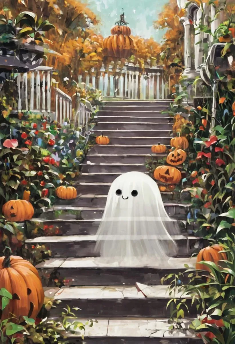 Whimsical illustration of a kitten and cute ghost on stairs with pumpkins.