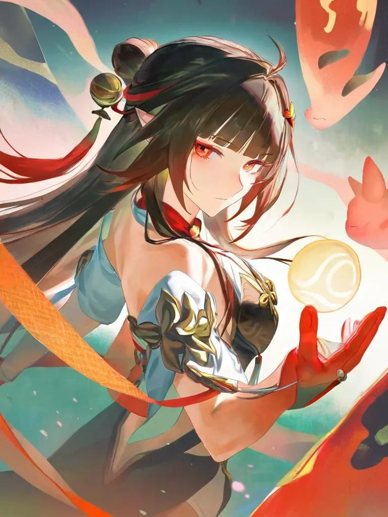 Anime-style illustration of a character resembling Lingsha from Honkai: Star Rail, depicted holding an orb with decorative elements around.