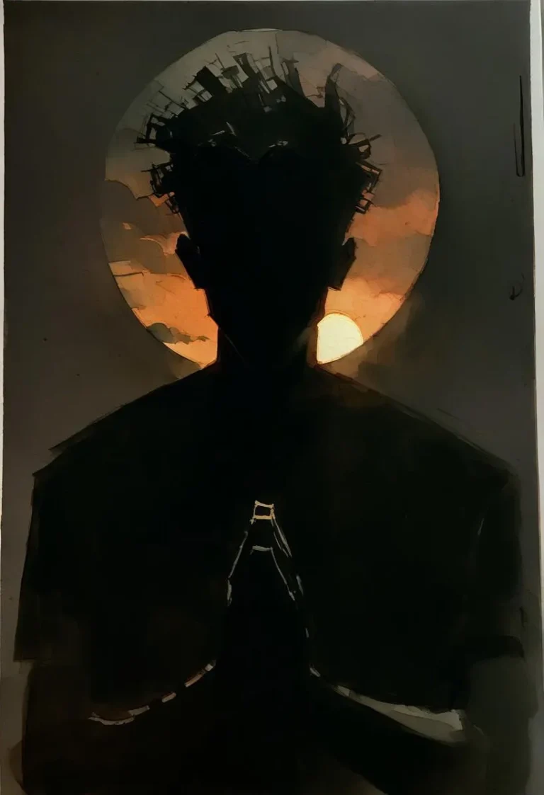 Watercolor painting of a silhouette of a man praying against a sunset with expressive shadows and a dark background.