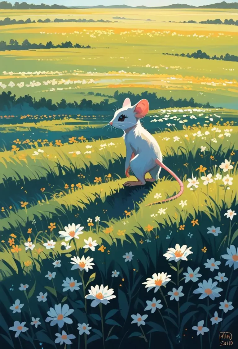 A little mouse asleep in a flower within a moonlit field of flowers, depicted in pastel watercolors.