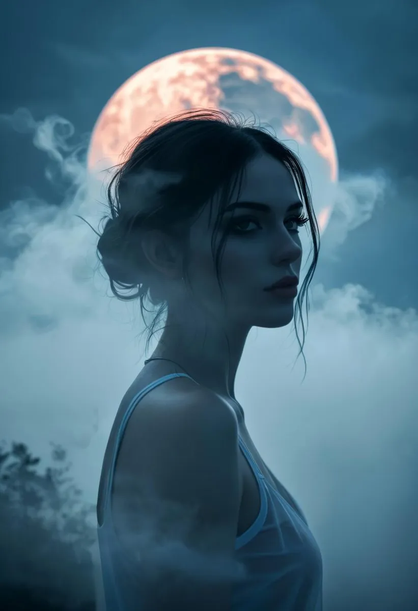 A mysterious woman in fog and smoke with a full moon behind her.