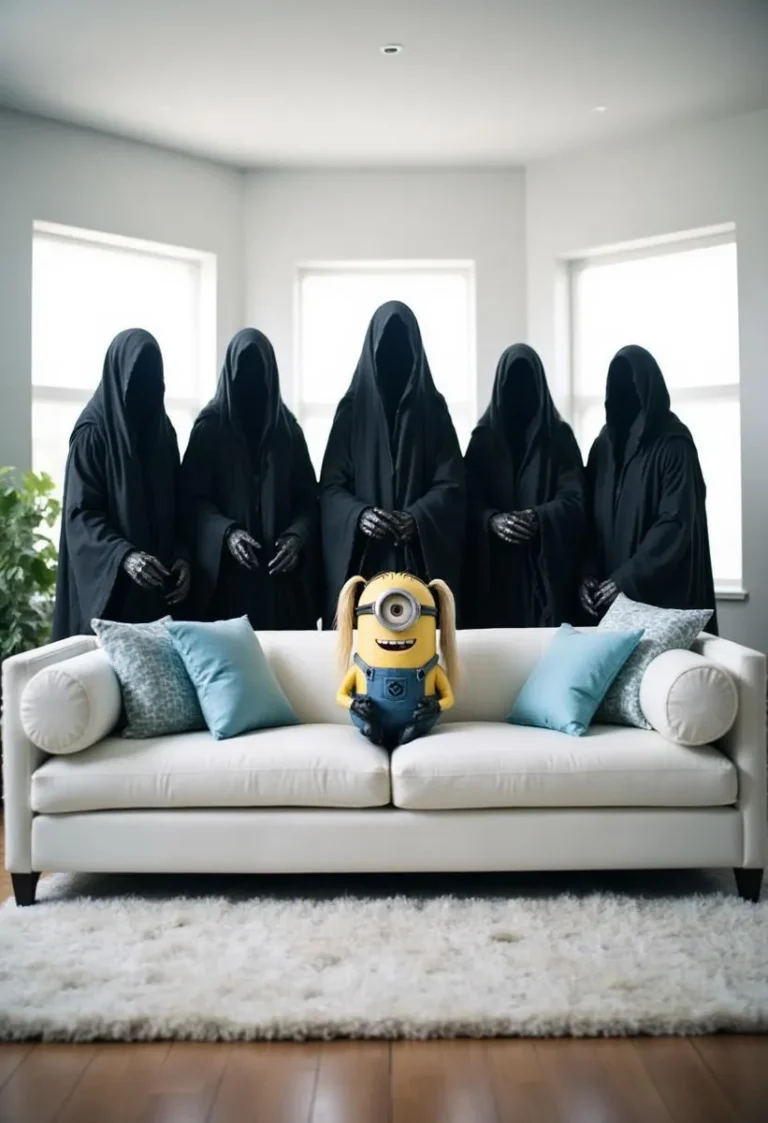 A surreal scene with five Nazgûl and a Minion on a white couch in a modern living room.