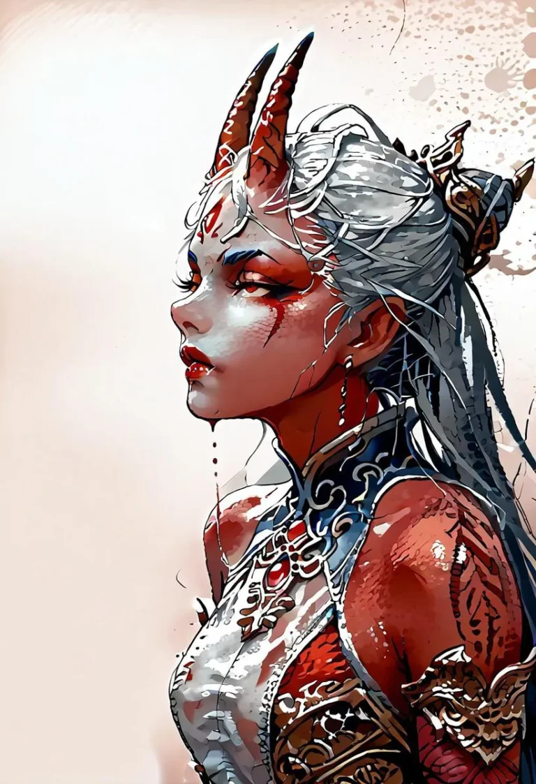 Watercolor painting of an oni with expressive eyes and red skin, featuring horns and detailed attire, side view.