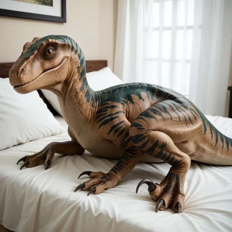 Realistic raptor dinosaur lying on a white bed, smiling with detailed eyes and scales.