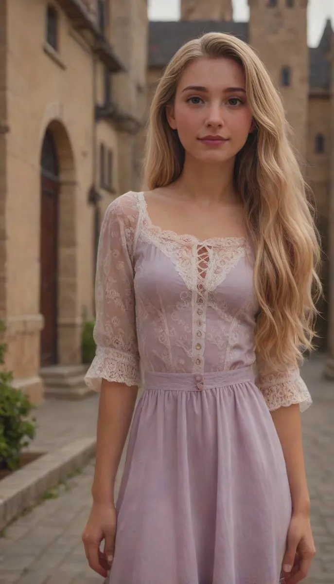 Rapunzel with long blonde hair and a purple dress in front of a medieval castle, featuring green eyes and a light smile.