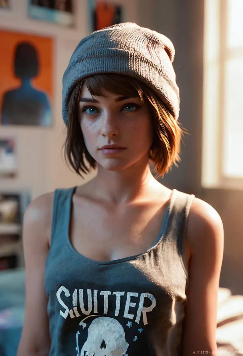 A realistic portrait of a girl with blue eyes, short brown hair, freckles, wearing a tank top and beanie, in a detailed bedroom setting.