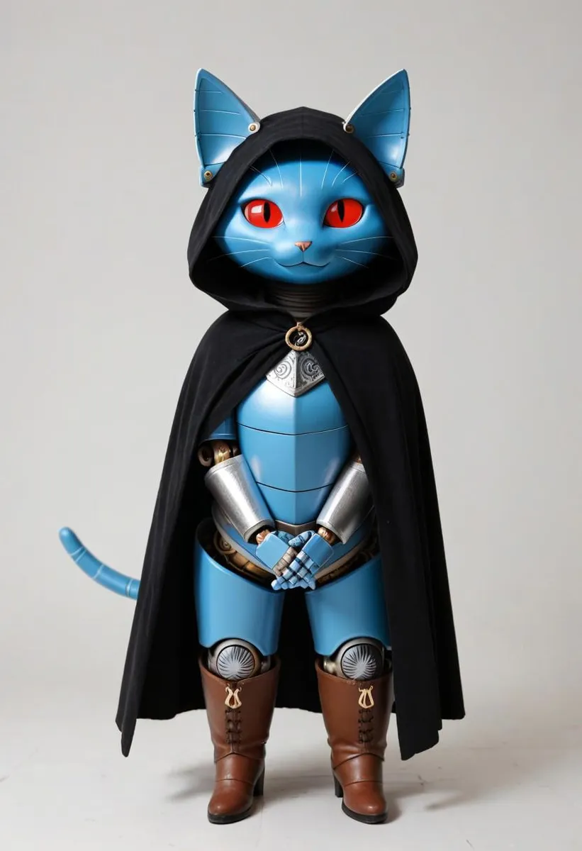 A blue robotic cat in silver armor with red eyes, wearing a black hooded cloak and brown boots, standing on a reflective surface.