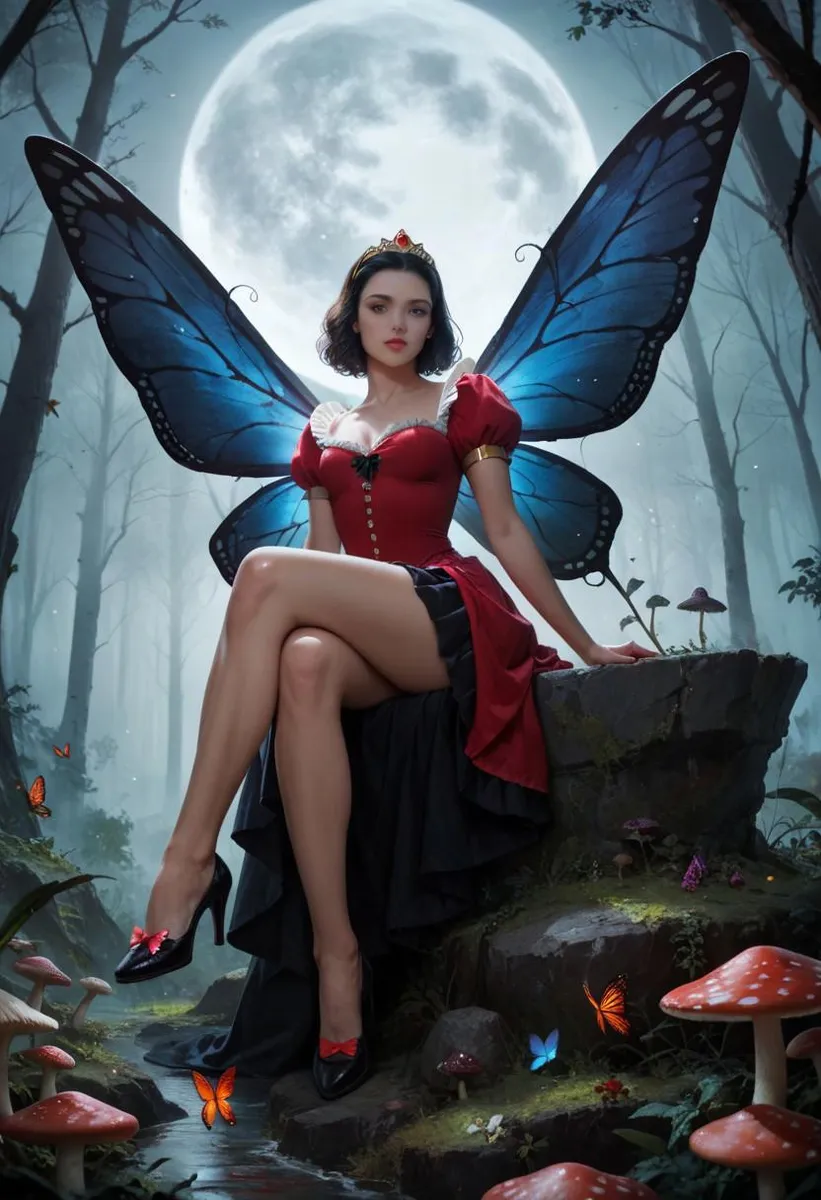 Snow White with butterfly wings sitting on a rock in a magical forest at night, surrounded by mushrooms.