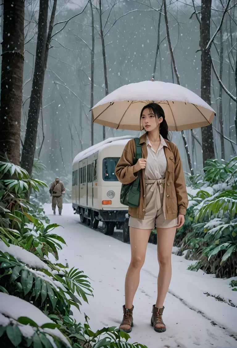 雪のジャングルで傘を持って立つ少女。背景には列車が見える。