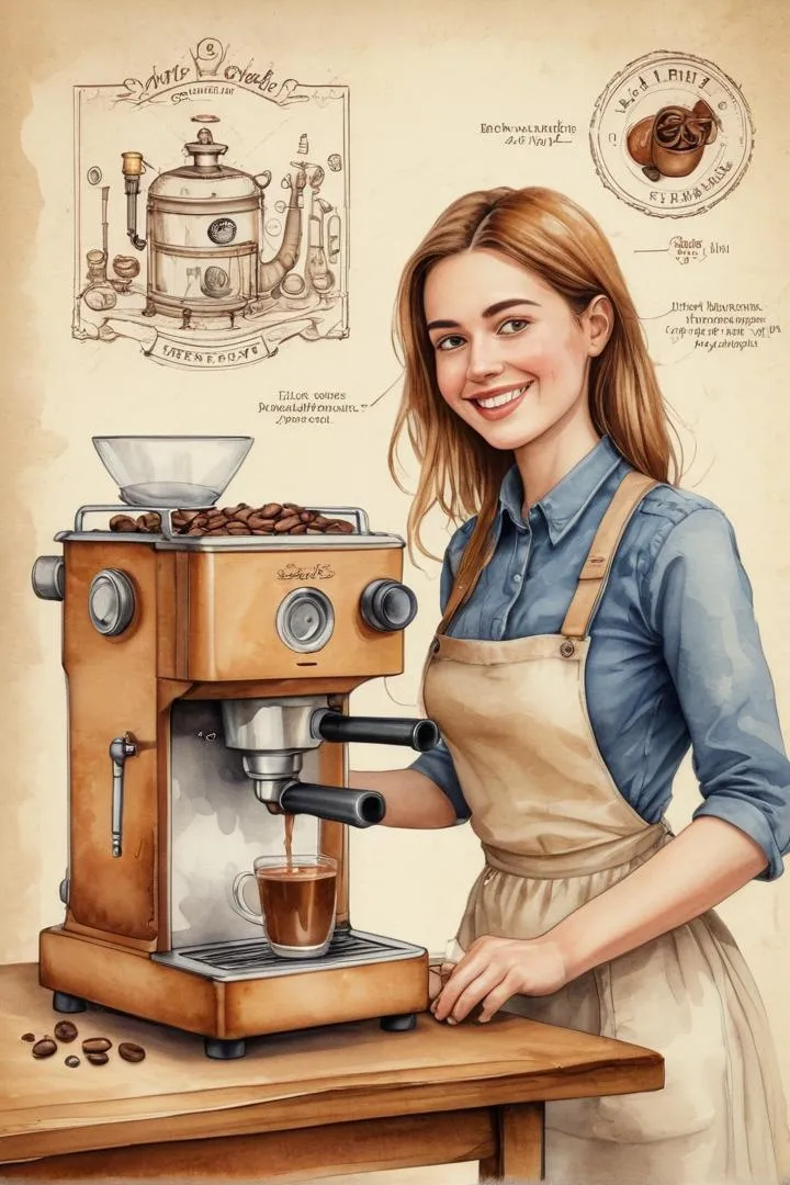 Steampunk style coffee machine with smiling girl, watercolor sketch.