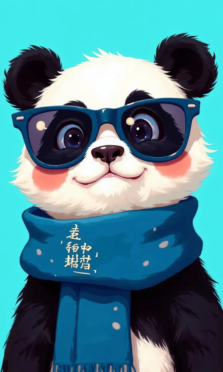 A cartoon panda with large blue sunglasses and a blue scarf, set against a light blue background.