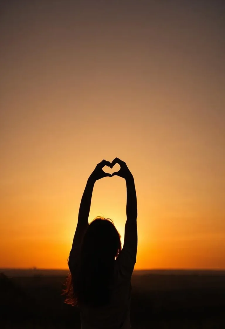 Silhouette of a woman forming a heart with hands against a sunset.