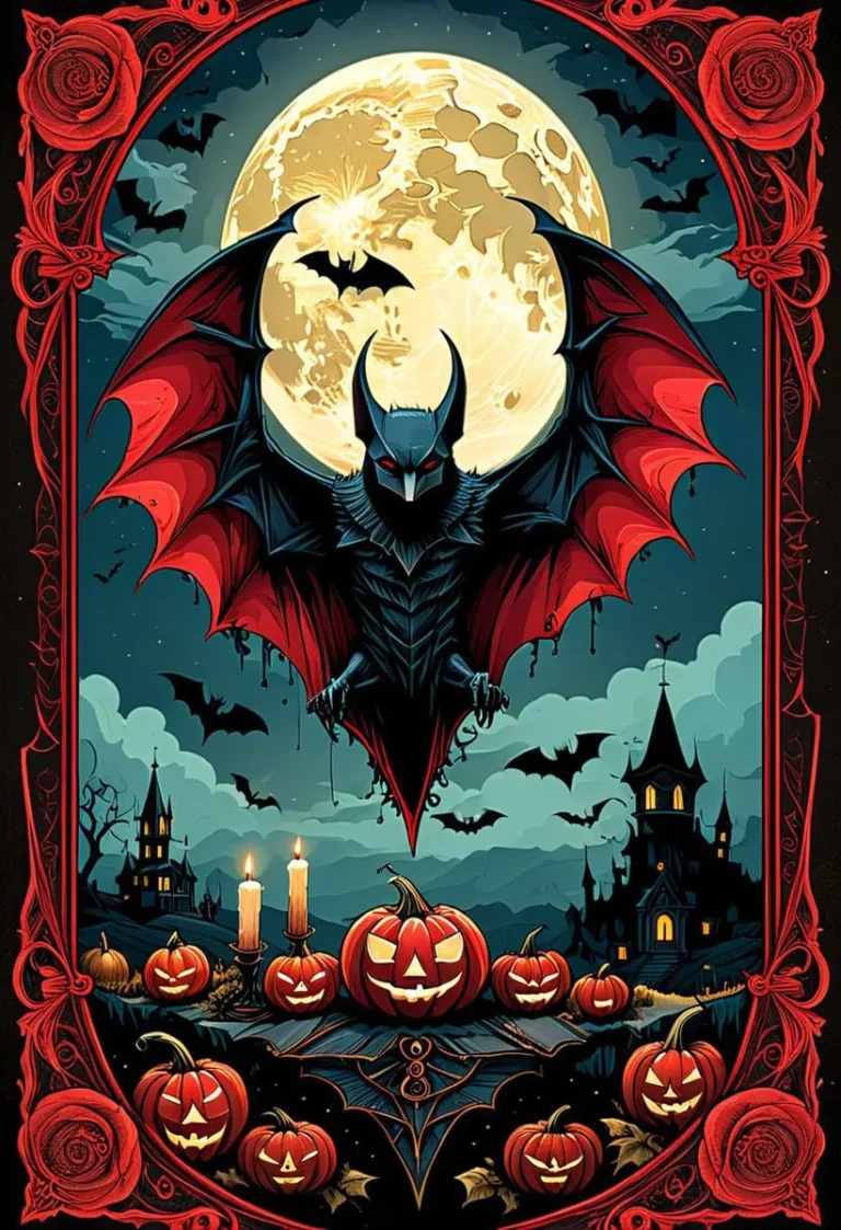 Mystical illustration of a bat-themed tarot card with pumpkins and candles.