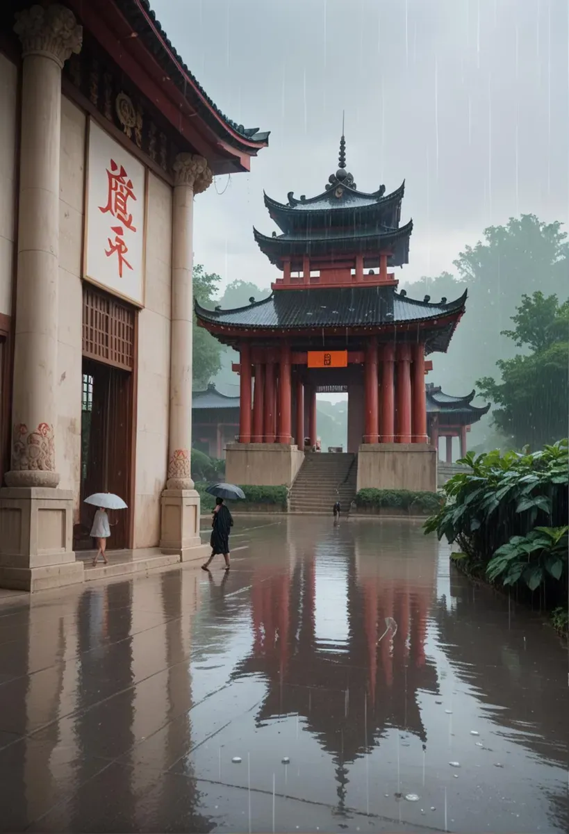 赤い柱と伝統的な建築の寺院が雨の日の濡れた舗道に反射し、傘が特徴的です。