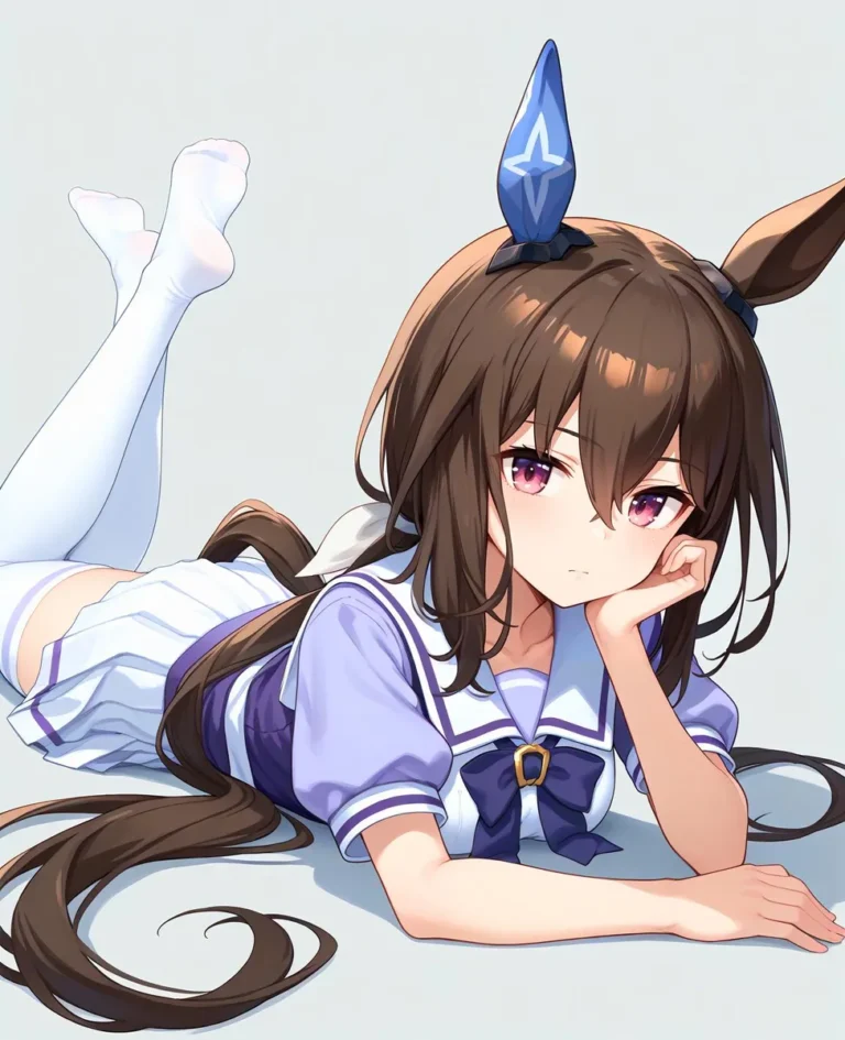 Anime girl with horse ears laying on stomach in Tracen school uniform.