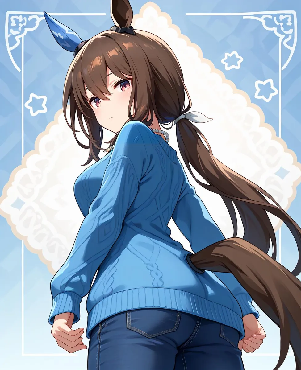 Anime girl in a blue sweater with horse ears and tail, looking over her shoulder with an expressionless face and blush, set against a patterned background.