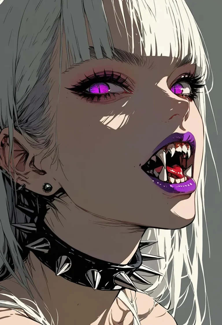 Close-up portrait of a vampire girl with intense white hair, purple eyes, and a spiked choker in Sinozick style.