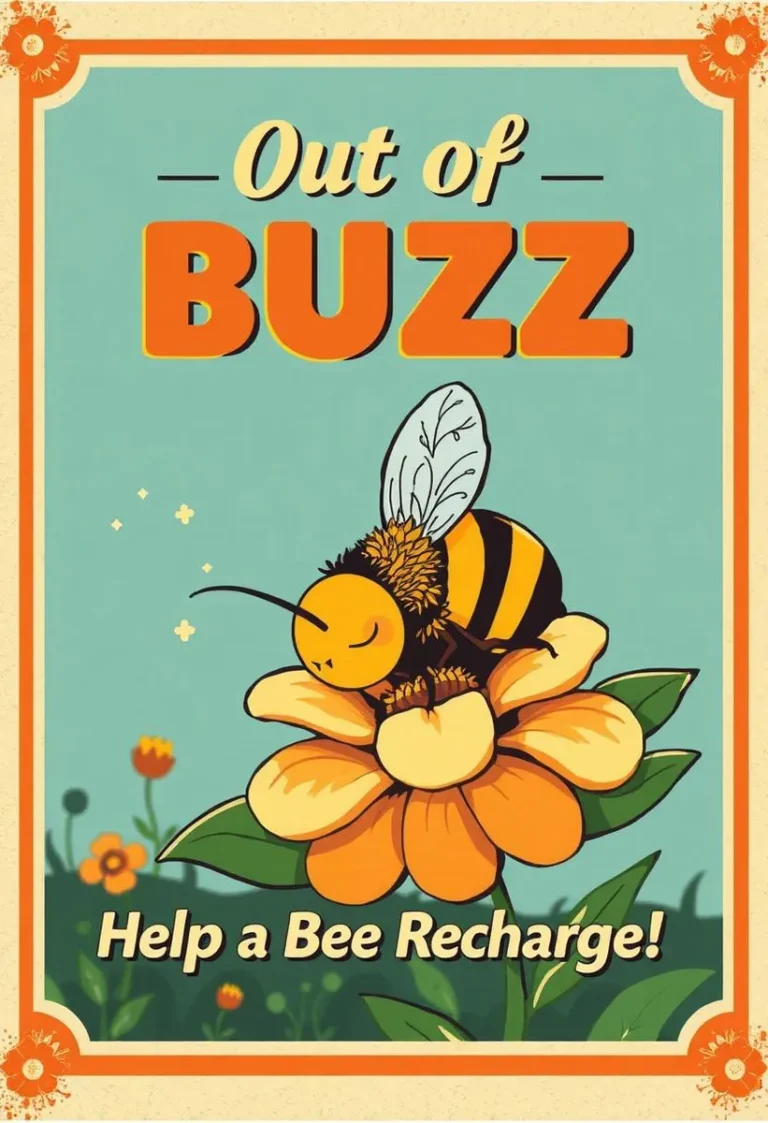 Retro design of a cartoon bee sleeping on a flower with 'Out of BUZZ – Help a Bee Recharge!' text.