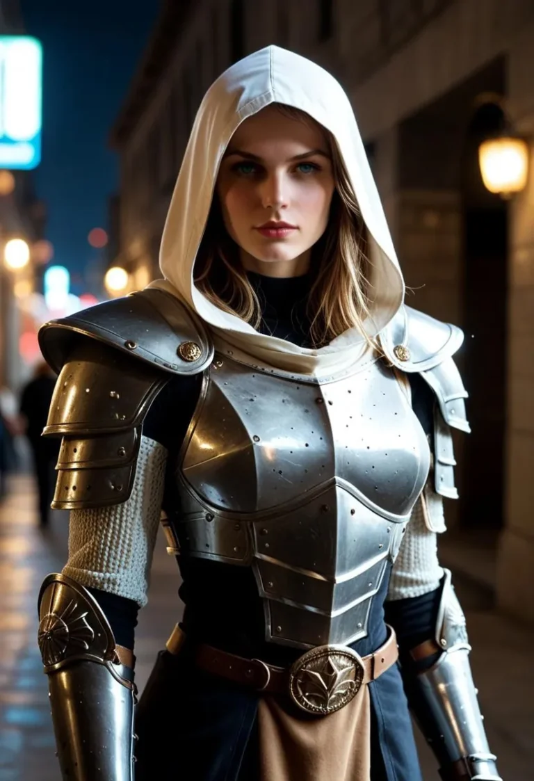 A woman in shining armor with a hood, standing amidst dramatic lighting in a street setting.