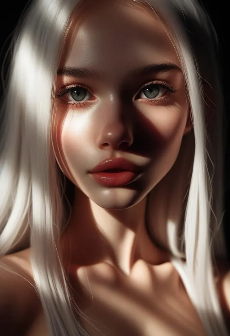 Close-up of a girl with white hair and piercings, sunlight creating contrast against a dark theme.