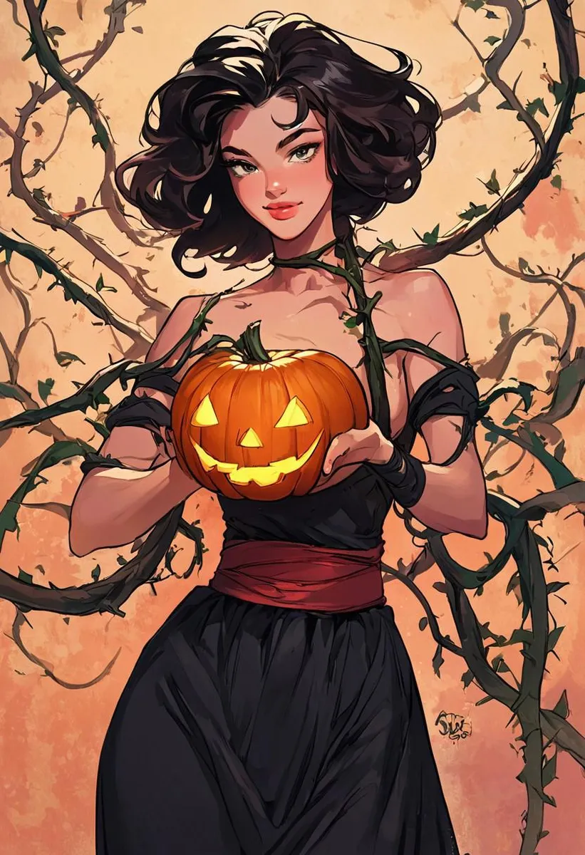 A witch girl in a black dress with a red sash holding a glowing jack-o-lantern in a pumpkin patch.