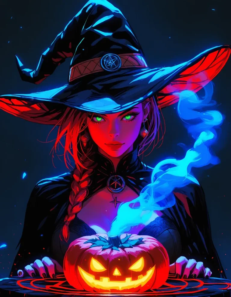 Mature witch with red braided hair and glowing green eyes performing a ritual with a blue smoke-emitting pumpkin on an altar.