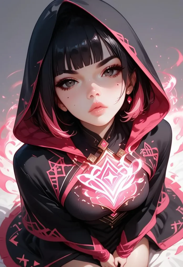 A witch with pink and black hair performing a magic ritual wearing a black cape and hood, surrounded by a glowing aura.