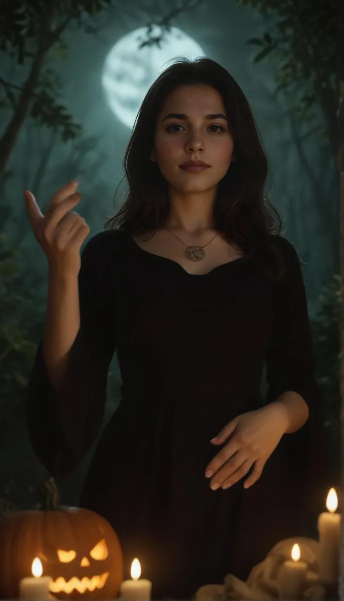 A witch in a black dress performing a spell in a forest, surrounded by candles and a glowing pentagram.