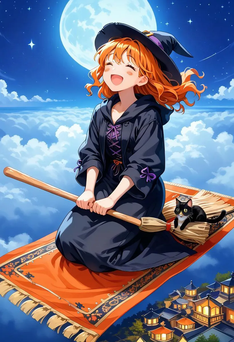 A smiling witch with orange hair in a black dress and hat rides a broom on a flying carpet at night, accompanied by a black cat.