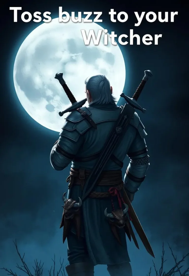 The Witcher stands in front of a foggy full moon, wearing light armor and carrying two swords. Monster trophies hang from his belt, creating an eerie atmosphere.