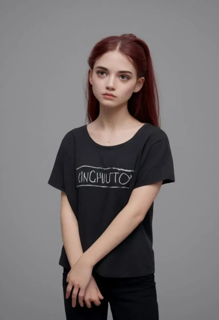 栗色の髪をお団子にした若い女性が、バーガンディのTシャツと黒のパンツを着ている。