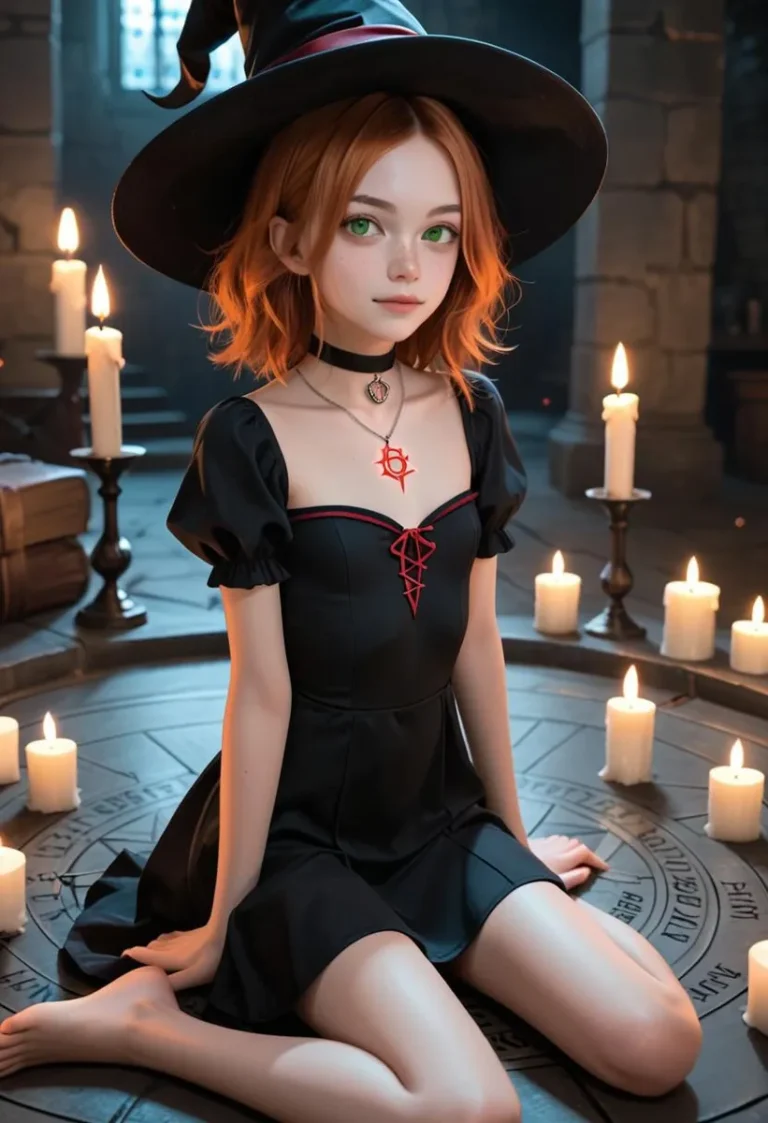 Young witch with green eyes and ginger hair, sitting in a dark dungeon surrounded by magic symbols and candles.