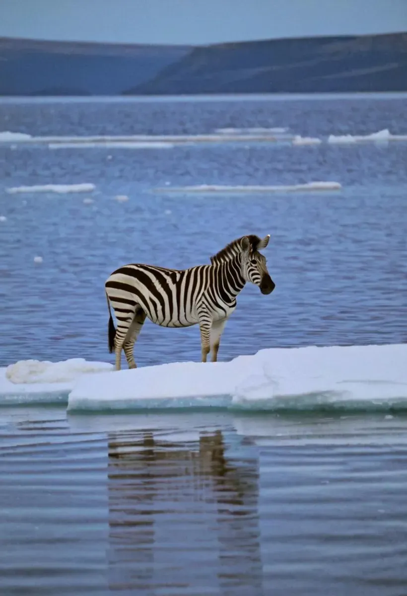 微細な粒子効果が施された北極海の流氷に立つシマウマ。