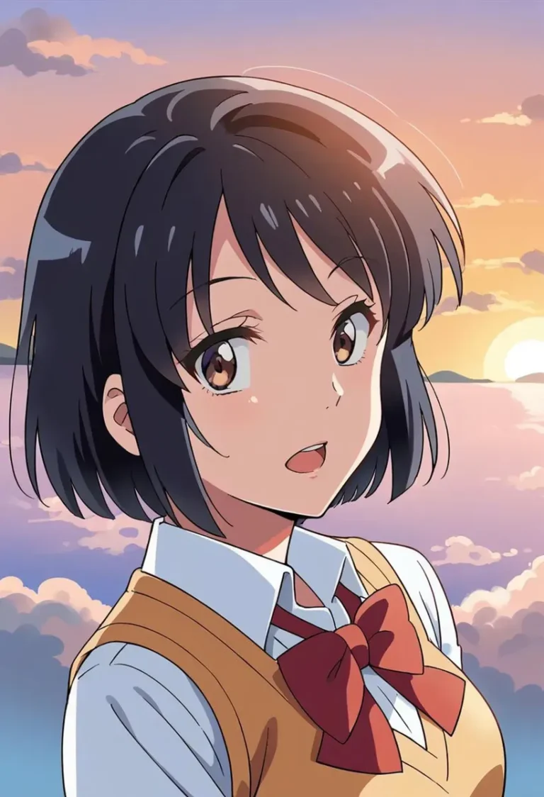 ショートヘアのアニメの女の子が夕焼けの中にいる。