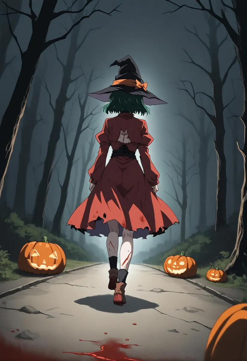 暗い森を駆け抜けるハロウィン衣装の魔女, カボチャに囲まれる。