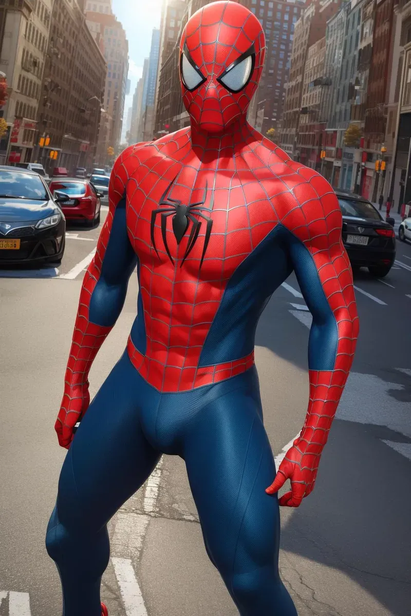 赤と青のスーツを着たスパイダーマンが、鮮やかな照明と詳細な都市の背景のある街路に立っています。