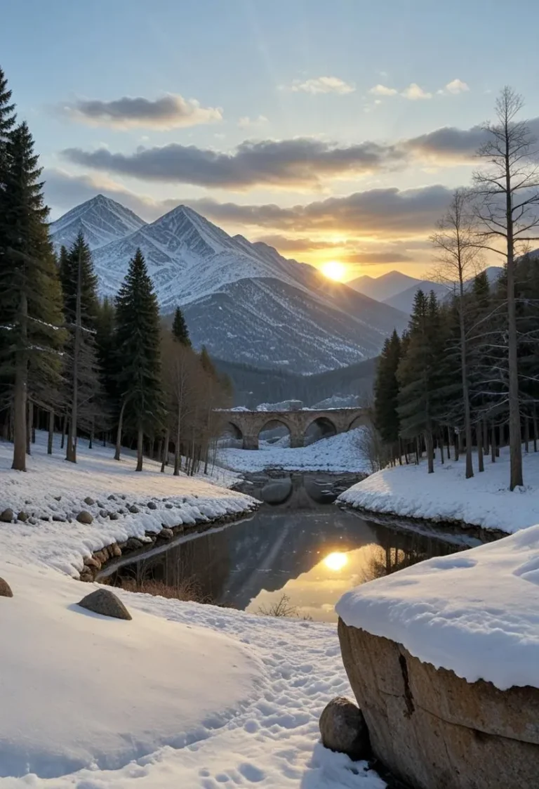 雪に覆われた風景、山、樹木、夕日が水に映る。