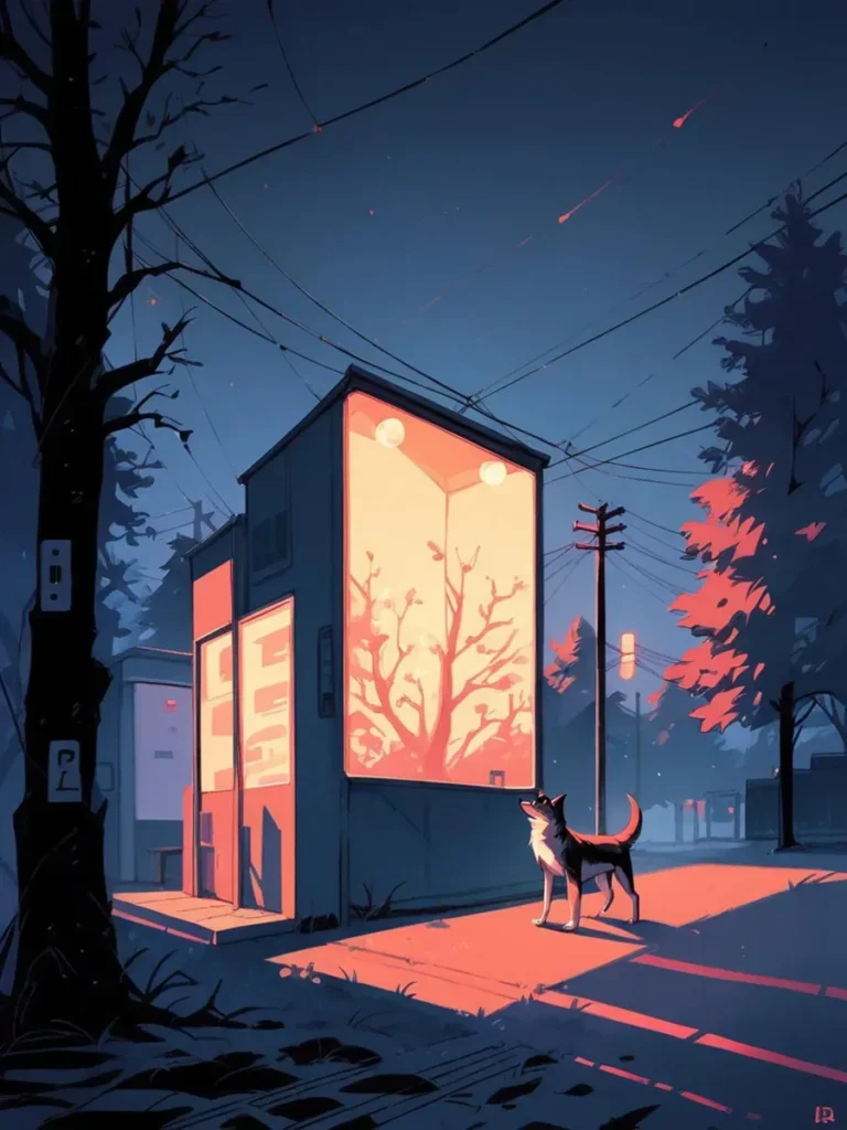 明るい建物の近くに犬がいる暗い夜のシーンのイラスト。