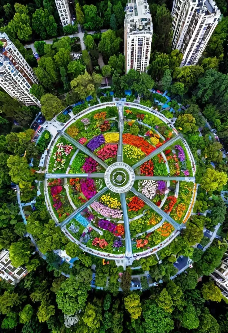 カラフルな花々と高層建築が特徴の未来都市の中央緑地公園の航空写真。