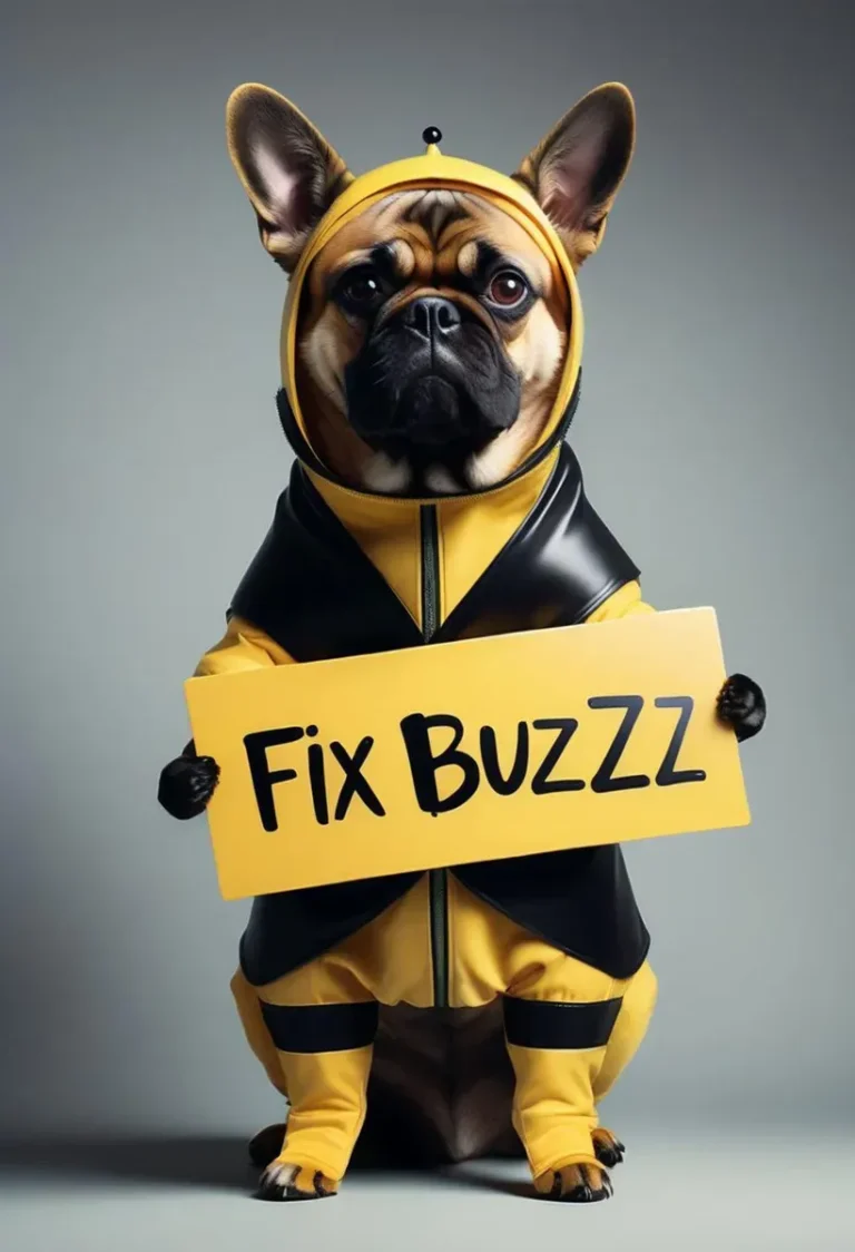 蜂のコスチュームを着て「Fix Buzz」と書かれた看板を持つ犬。